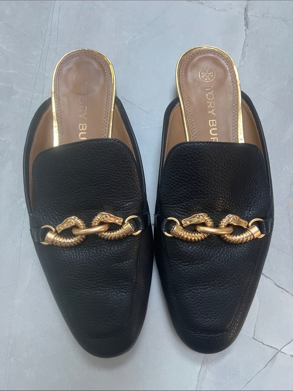 Tory Burch Jessa Backless Loafers in black pebbled leather